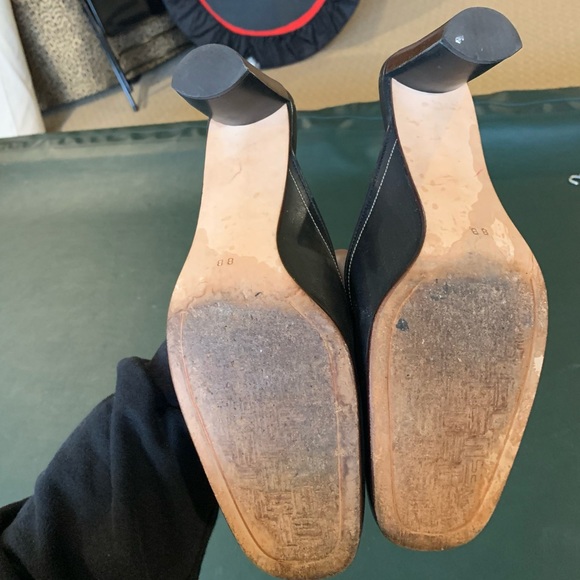 Cole Haan Square Toe Black Leather Loafer Mules w Wooden Stacked Low Heel Size 8 - Picture 11 of 16